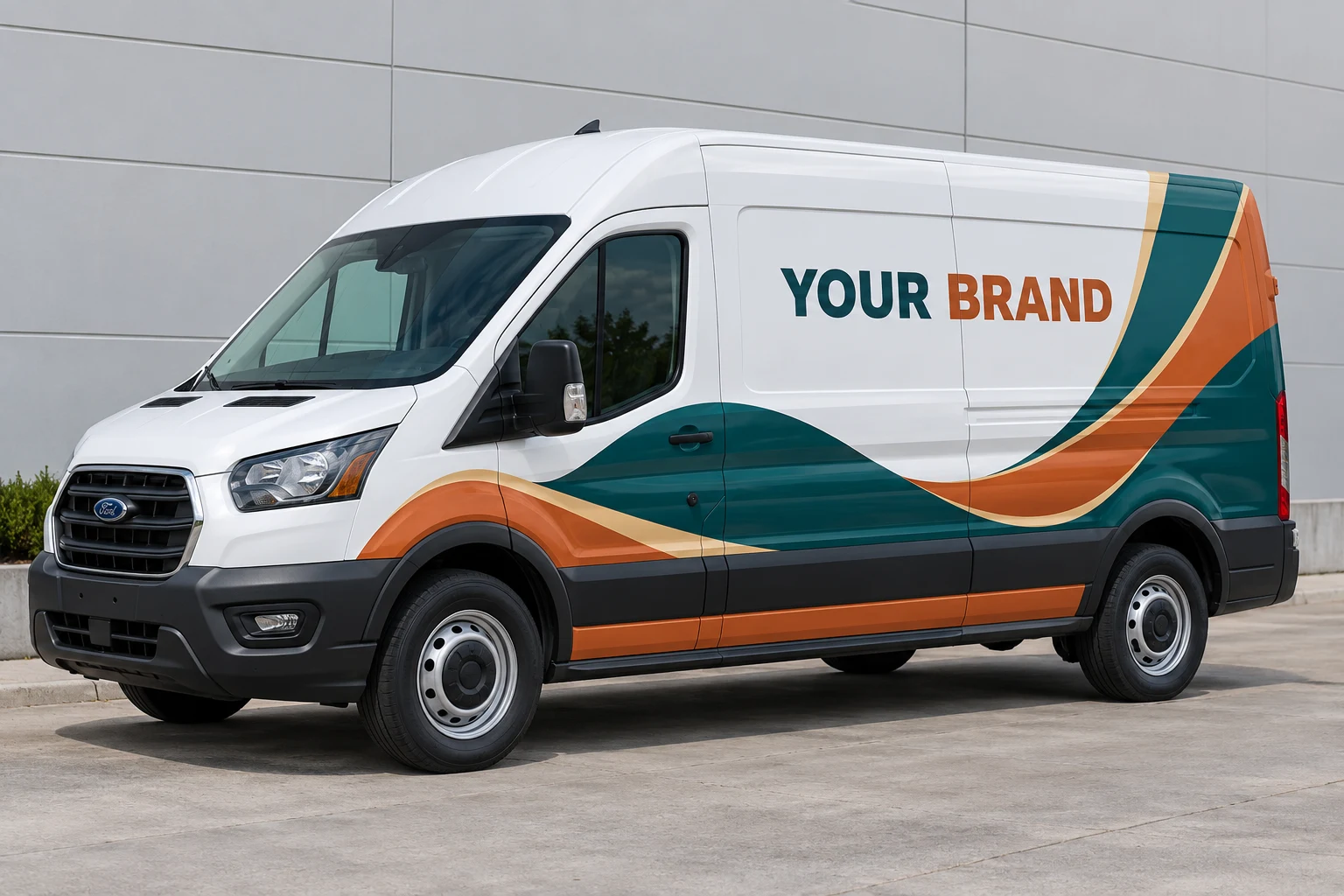 Concept example of teal and orange graphics on a white work van